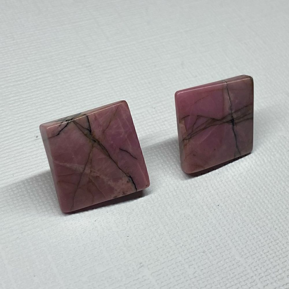 Vintage Square Rhodonite and Gold Tone Stud Earrings